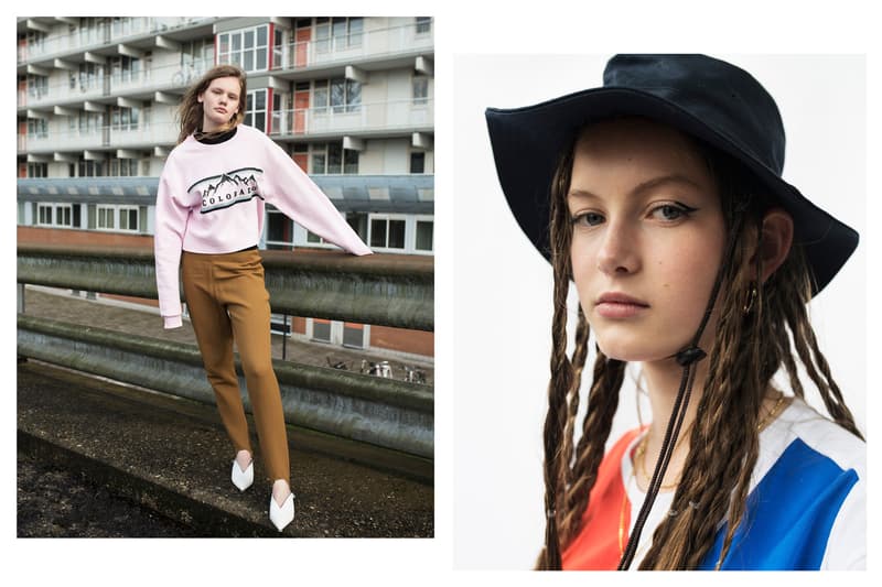 The Latest Craze Dutch Model Editorial Sweater Pink Pants Tan Hat Black Shirt Red Blue White