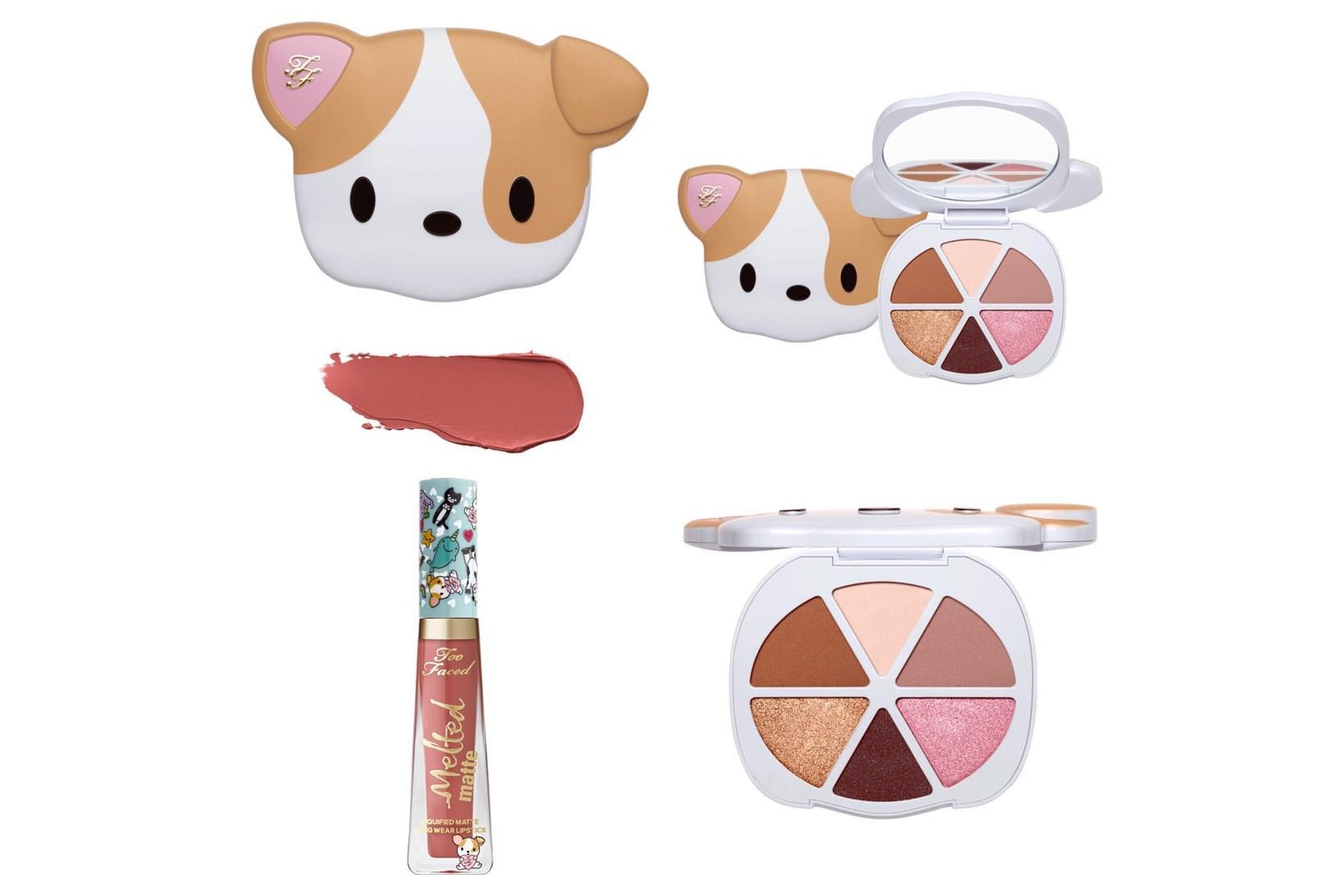 too faced cosmetics pretty puppy eyeshadow palette clover collection makeup melted matte liquid lipstick dusk pink