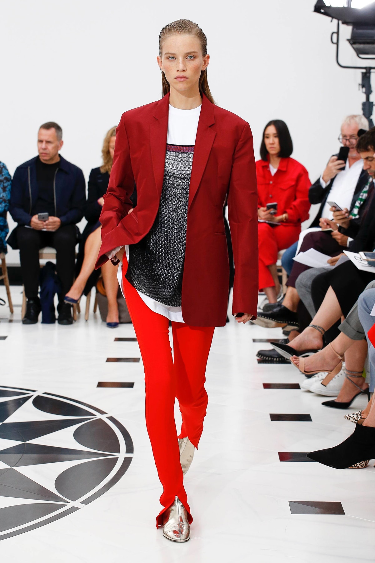 Victoria Beckham Spring Summer 2019 London Fashion Week Show Collection Blazer Maroon Shirt White Trousers Red