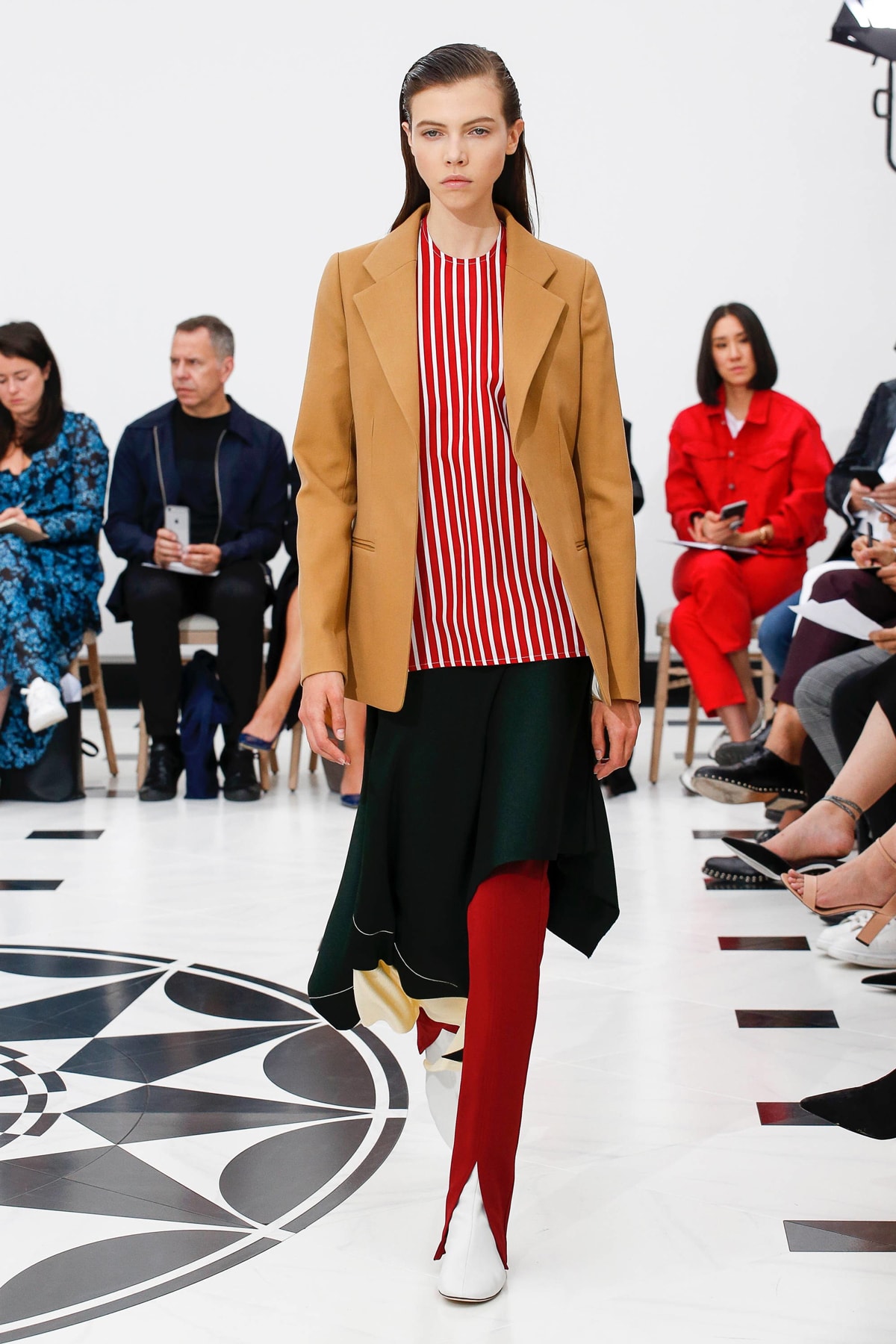 Victoria Beckham Spring Summer 2019 London Fashion Week Show Collection Blazer Tan Top Red Skirt Black