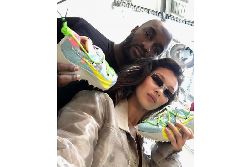 Virgil Abloh Bella Hadid Off-White Nike React Vapor Street Flyknit Paris Fashion Week Blue Green Pink