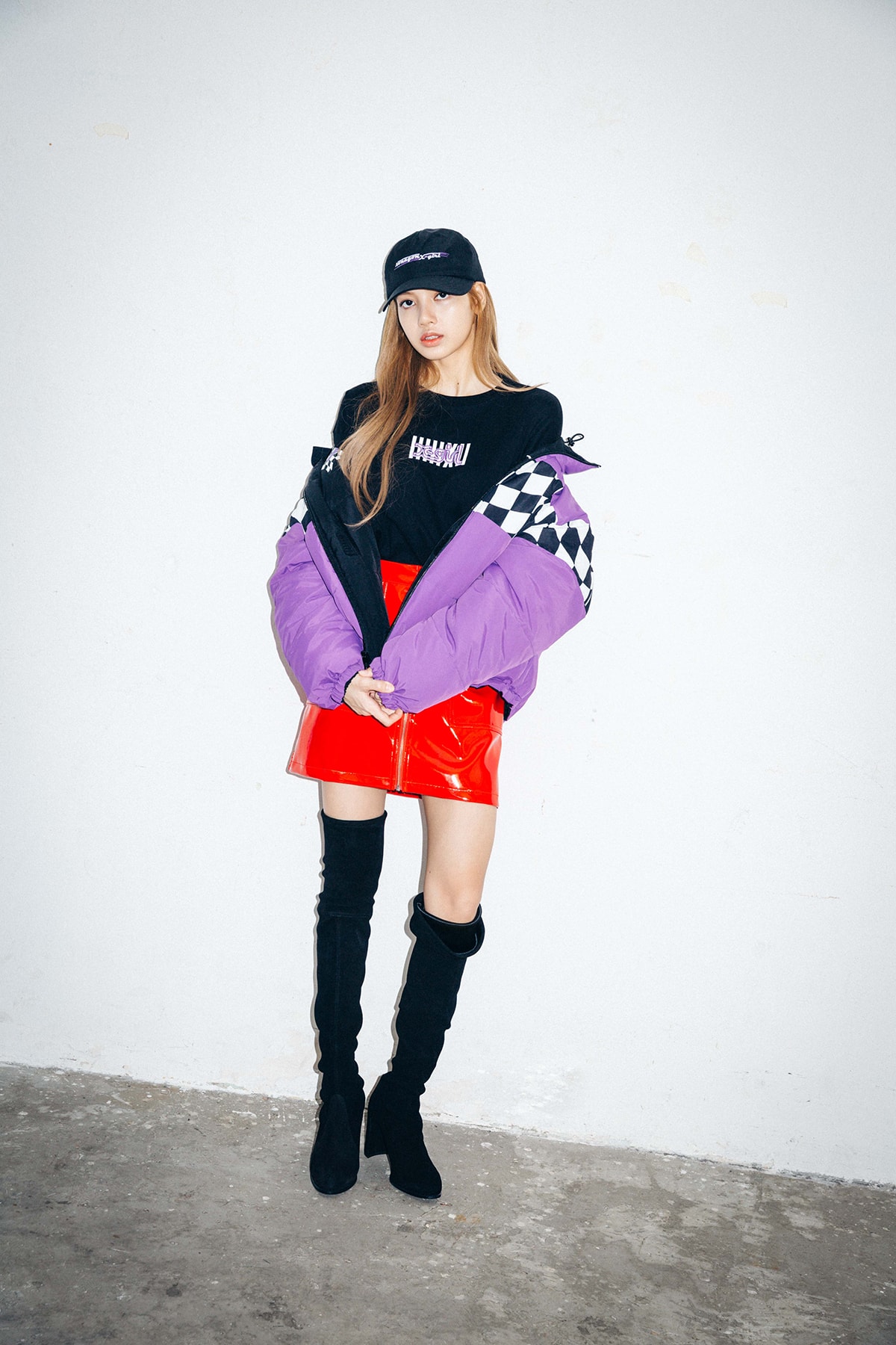 X-Girl Nonagon Blackpink Lisa Campaign Collaboration K-Pop Purple Jacket Red Skirt