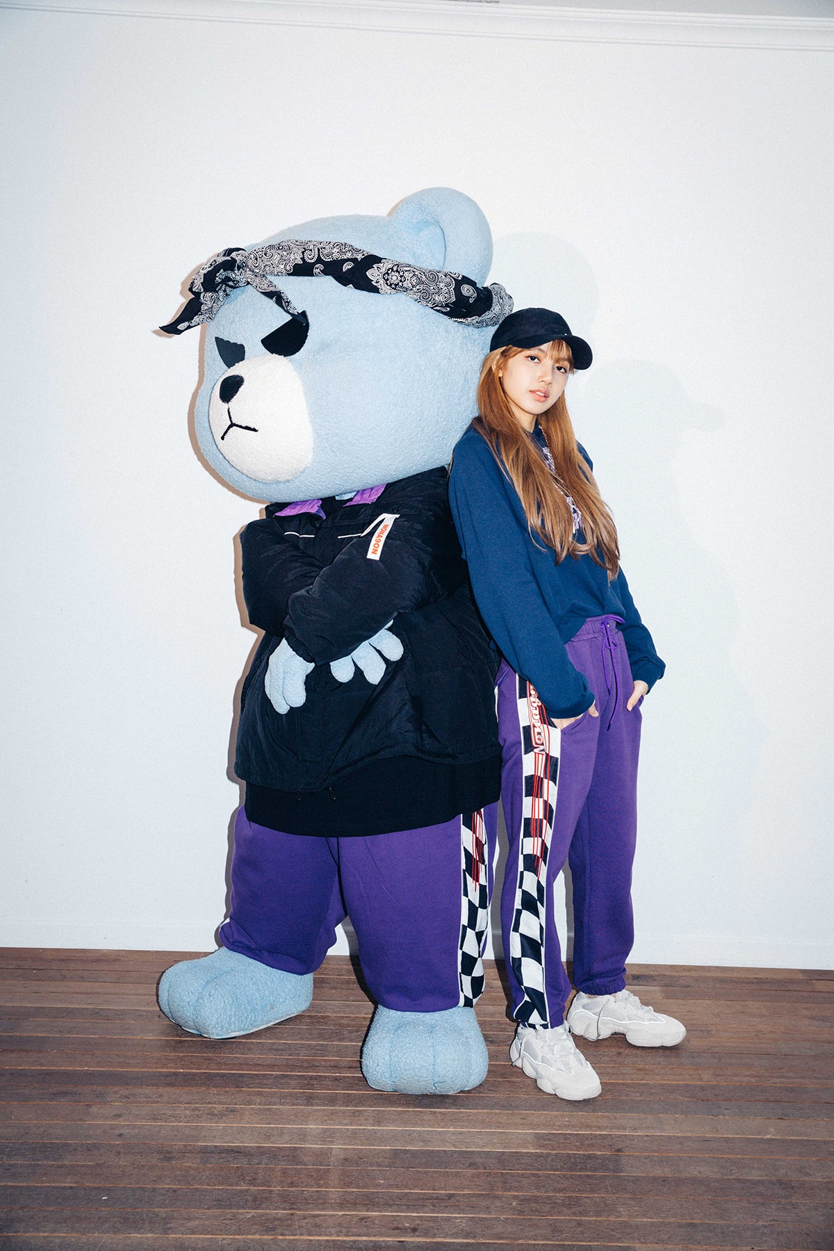 X-Girl Nonagon Blackpink Lisa Campaign Collaboration K-Pop Blue Hoodie Sweat Pants Bear