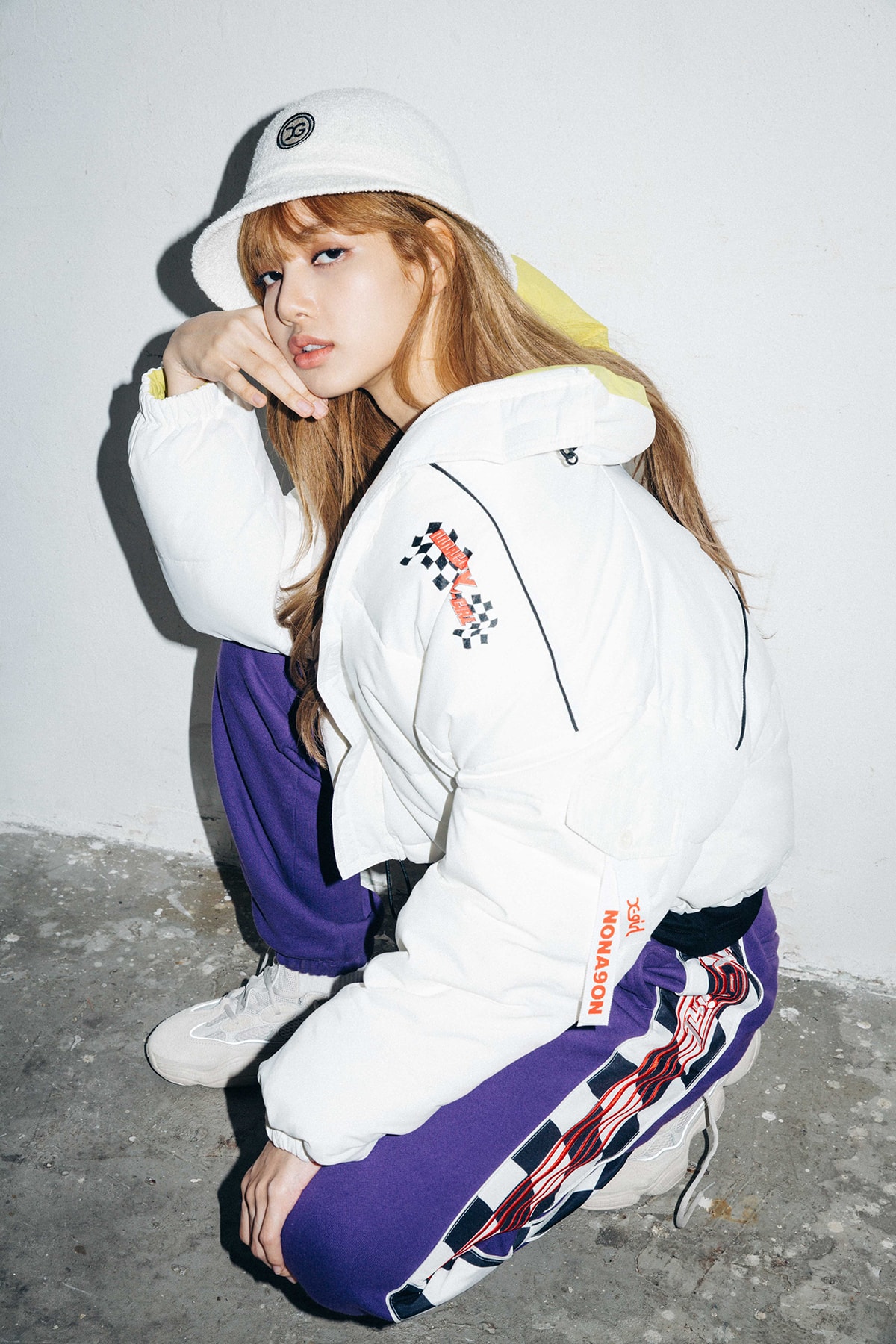 X-Girl Nonagon Blackpink Lisa Campaign Collaboration K-Pop White Hoodie Hat Purple Pants