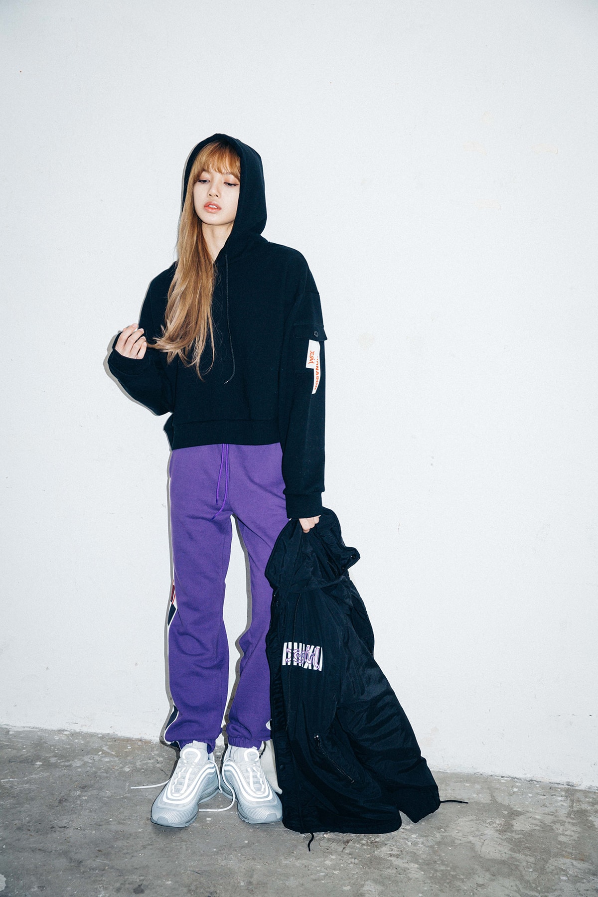 X-Girl Nonagon Blackpink Lisa Campaign Collaboration K-Pop Black Hoodie Purple Sweat Pants