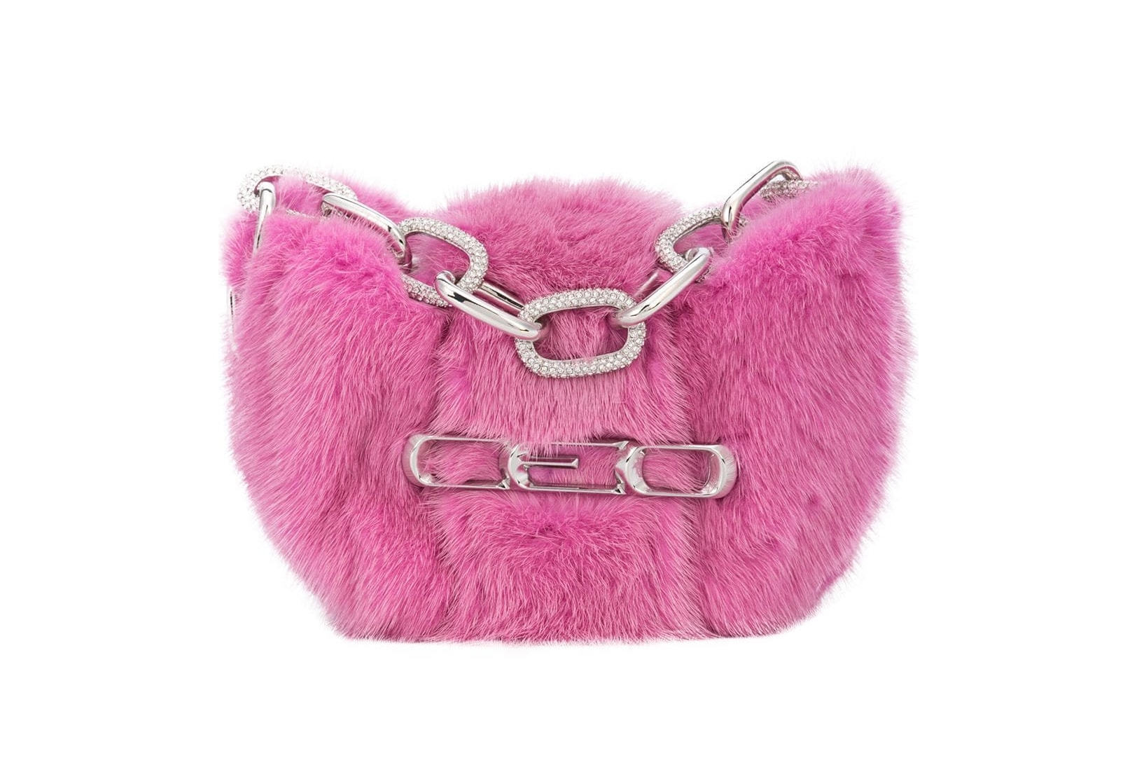 Alexander Wang Pink Fur Bedazzled CEO Mini-Bag Bold Small Purse Designer Luxury Diamond Crystal Logo Silver Hardware