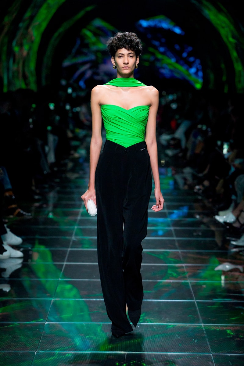 Balenciaga Spring Summer 2019 Show Collection Paris Fashion Week Wrap Top Green Trousers Black