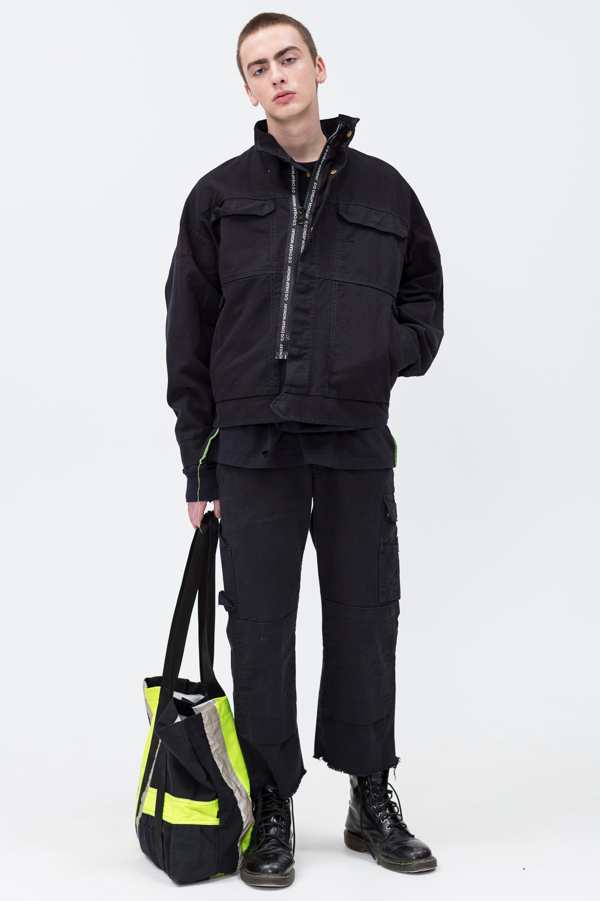 Cheap Monday C/O Capsule Collection Lookbook Coat Work Chinos Shopping Bag Black