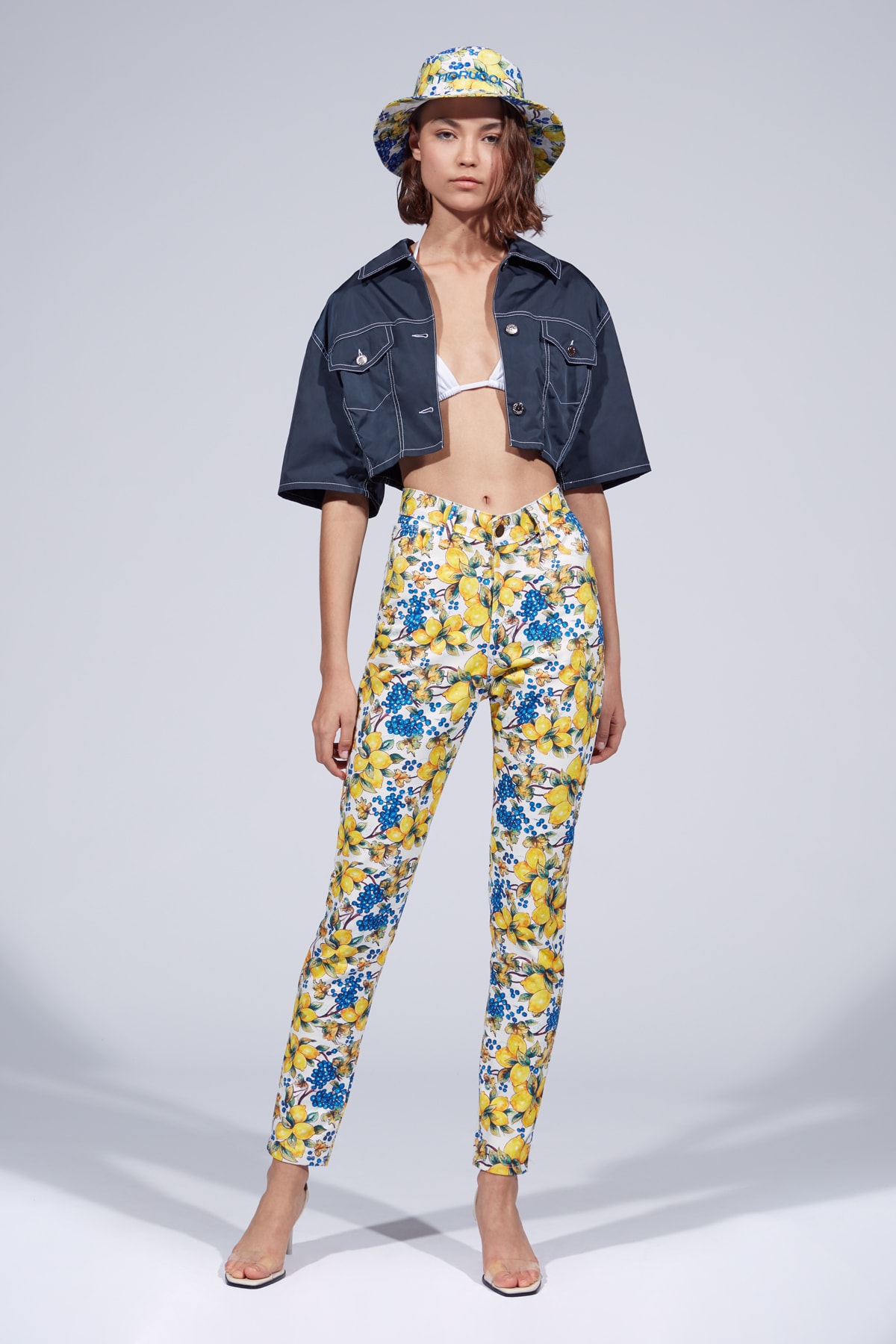 Fiorucci Spring Summer 2019 Collection Lookbook Floral Pants Bucket Hat Yellow Denim Jacket Blue