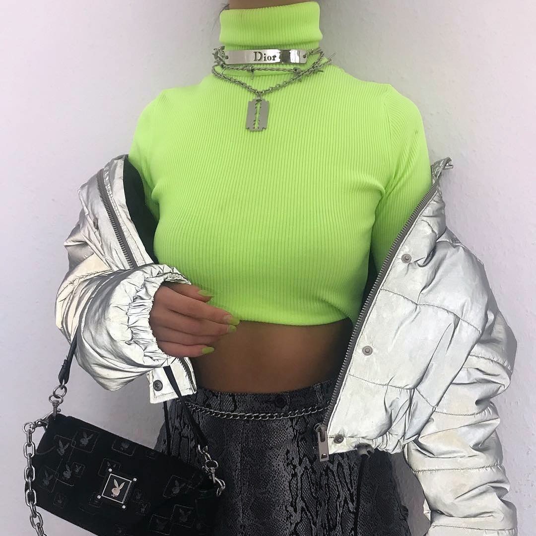 How To Style Neon Trend Outfit Inspiration Goals Zara Neon Green Turtleneck Yeezy I am GIA alexander Wang Prada Miu Miu
