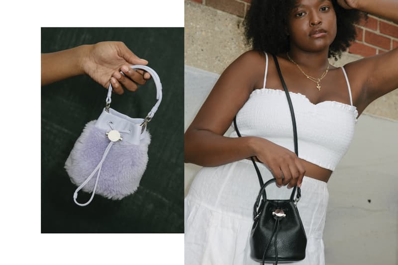 KARA Drawcord Bucket Bag Lavender Shearling Black