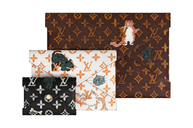 Louis Vuitton Grace Coddington Cruise 2019 Collaboration Cats Monogram Pouches Clutches White Black Brown