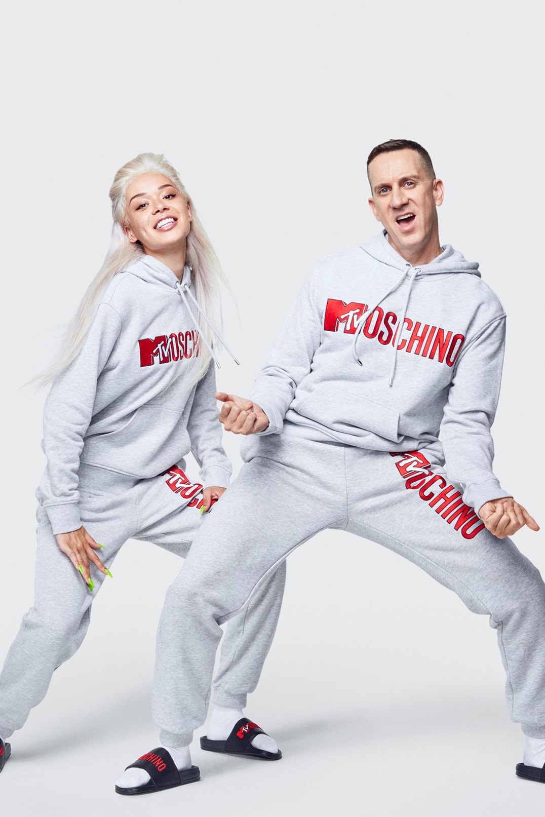 Moschino H&M Collection Lookbook Jeremy Scott Hoodie Sweatpants Grey Red