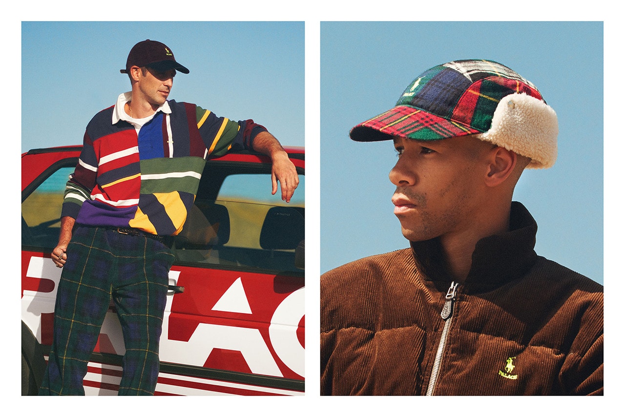 Palace Skateboards x Polo Ralph Lauren Collection Lookbook Rugby Shirt Cap Red Blue Trousers Green Puffer Coat Brown