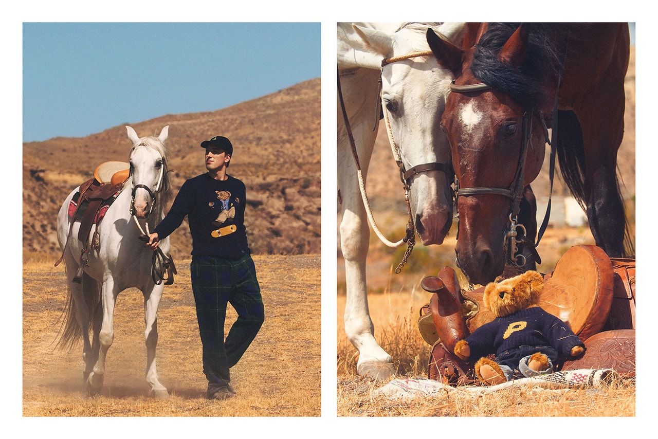 Palace Skateboards x Polo Ralph Lauren Collection Lookbook Teddy Sweater Blue Trousers Green