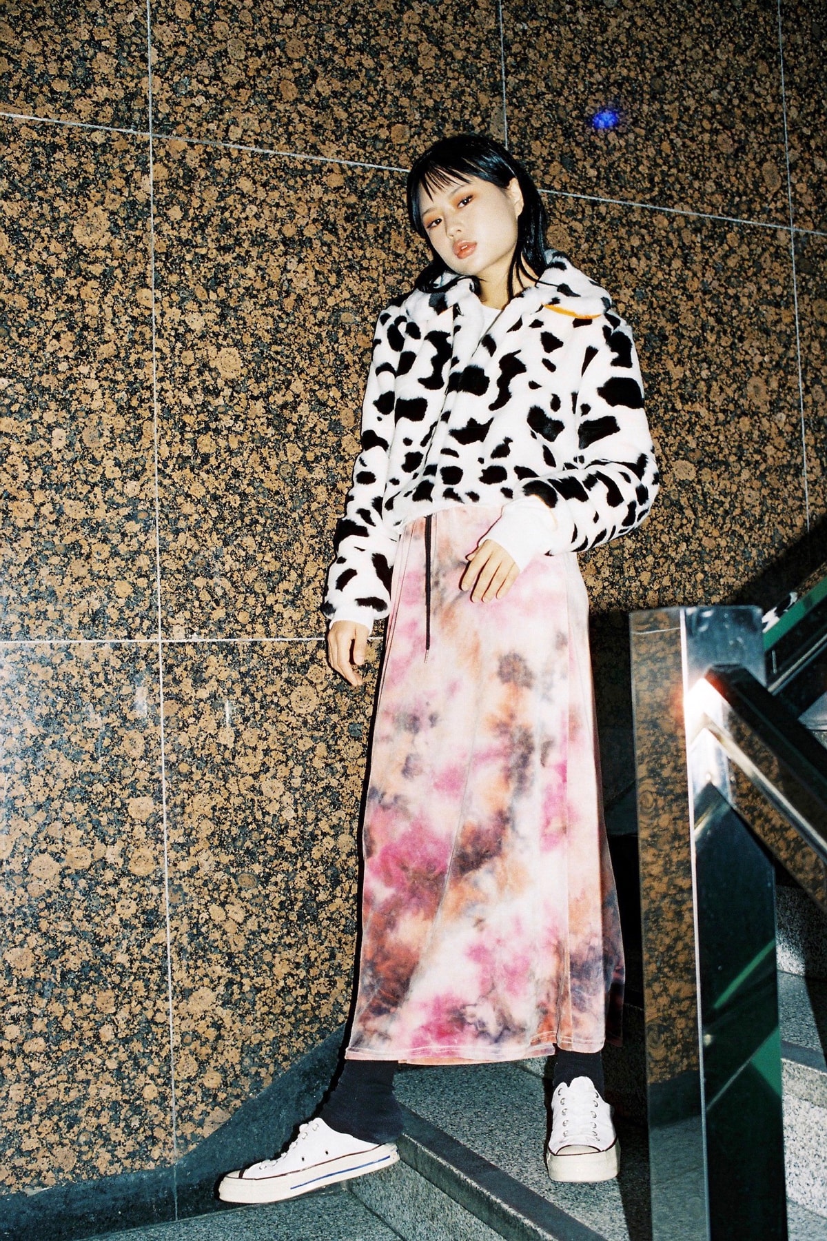 Ram Han x why not us Capsule Collection Eco Fur Jacket Dalmatian Velvet Long Skirt Pink