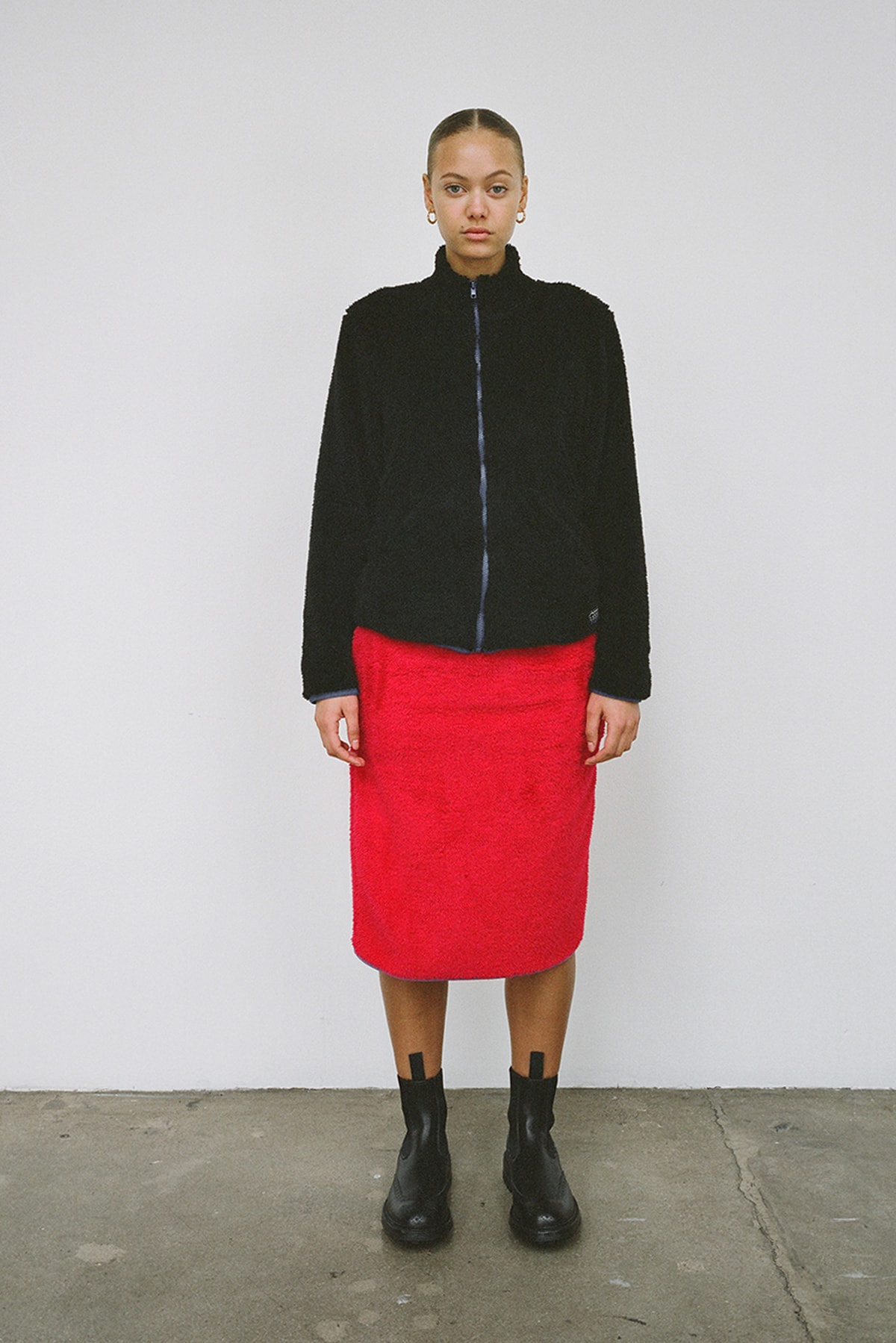 Stussy Women's Holiday 2018 Collection Lookbook Jacket Black Skirt Red