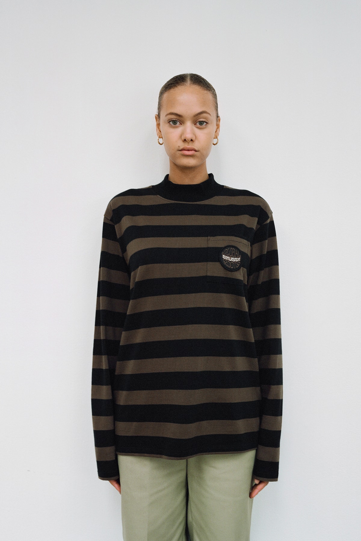 Stussy Women's Holiday 2018 Collection Lookbook Logo Striped Shirt Brown Black