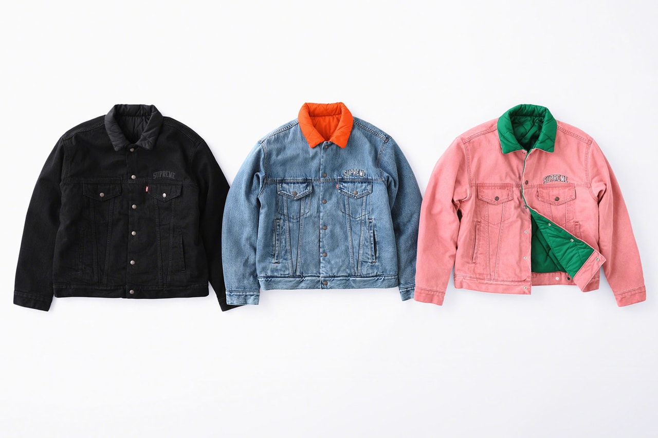 Supreme x Levi's Fall/Winter 2018 Collection Quilted Reversible Trucker Jacket Black Orange Indigo Pink Green
