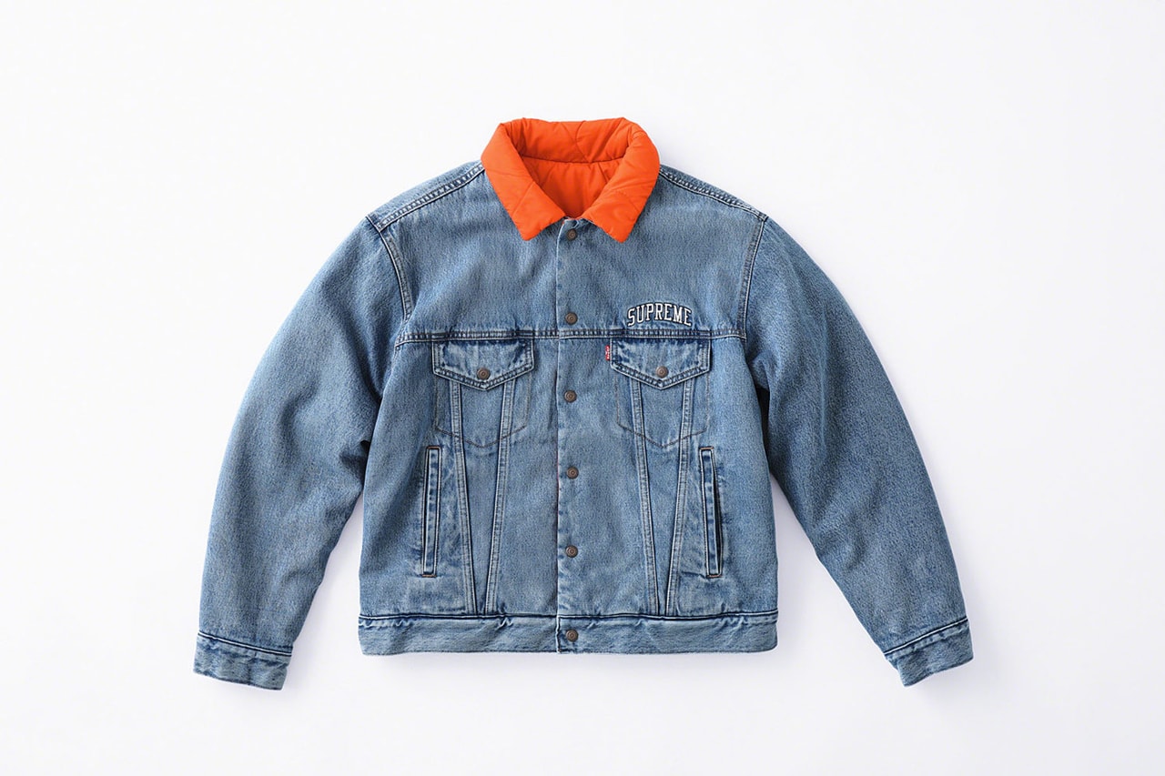 Supreme x Levi's Fall/Winter 2018 Collection Quilted Reversible Trucker Jacket Orange Indigo