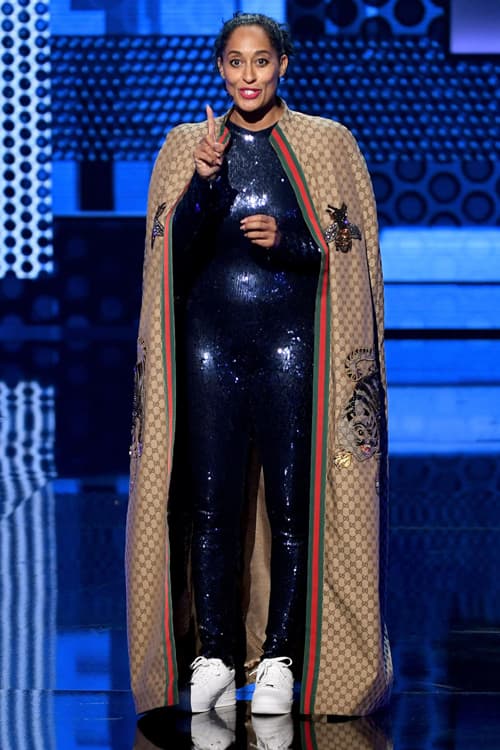 2018 American Music Awards Tracee Ellis Ross Dapper Dan for Gucci Cloak Brown Nicolas Jebran Bodysuit Blue