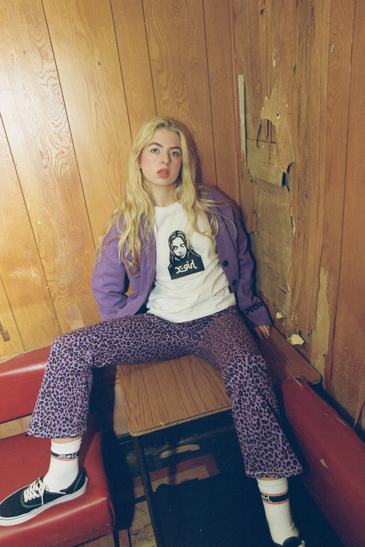 X-Girl Fall Winter 2018 Collection Anais Gallagher Campaign Cardigan Leopard Pants Purple T-shirt White Black