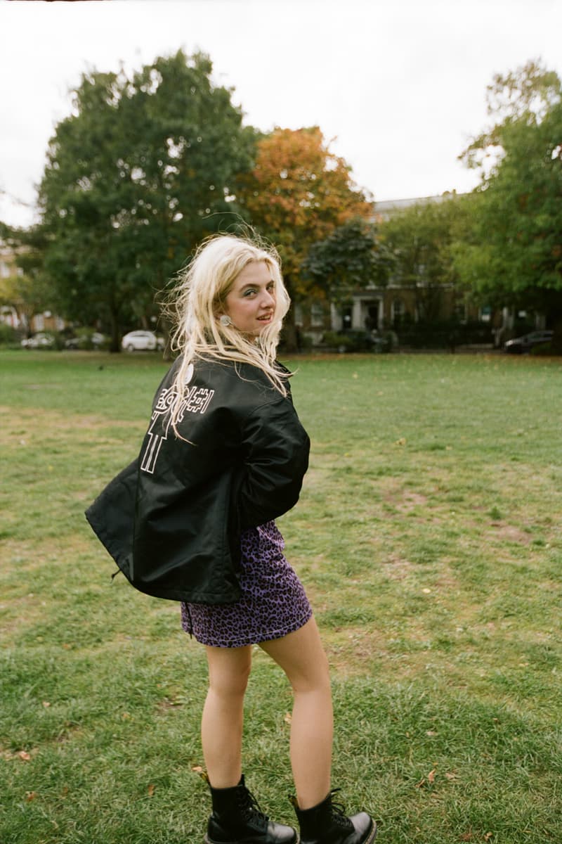 X-Girl Fall Winter 2018 Collection Anais Gallagher Campaign Jacket Black Leopard Skirt Purple
