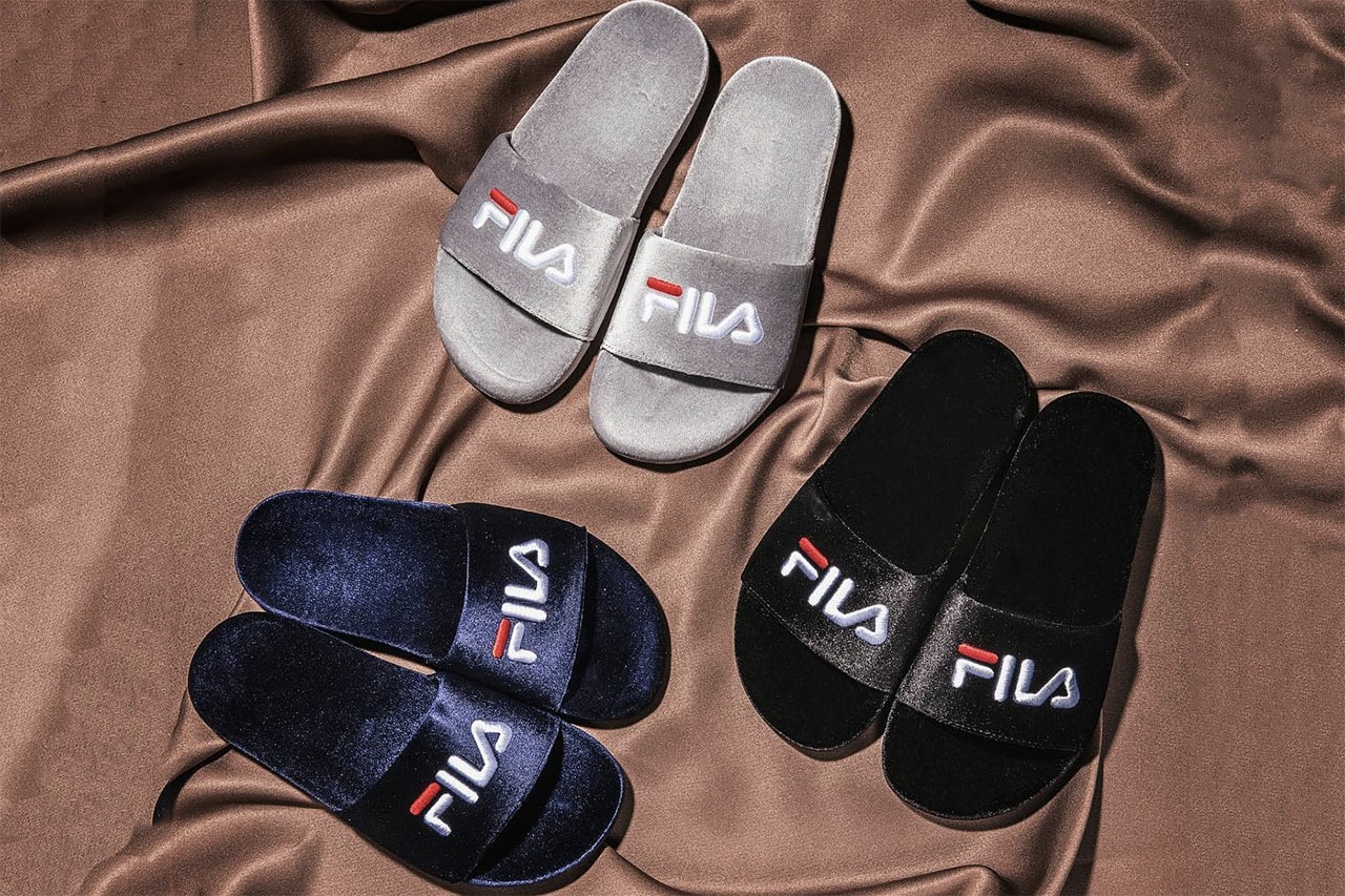 FILA Drifter Velvet Logo Sandals Slides Black Navy Grey