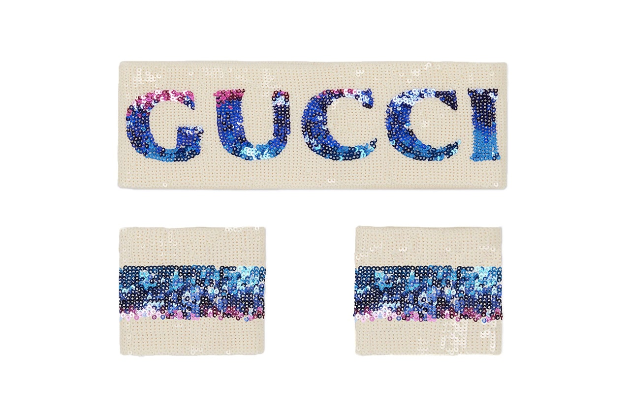 Gucci Sequin Logo Headband Wrist Cuff Set Wristband White Black