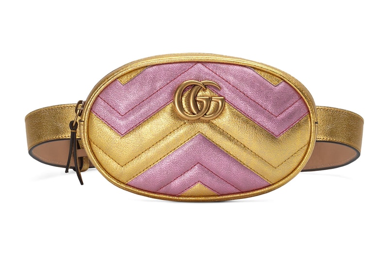 Gucci Two-Tone Metallic Pink Gold Leather Marmont Belt Bag