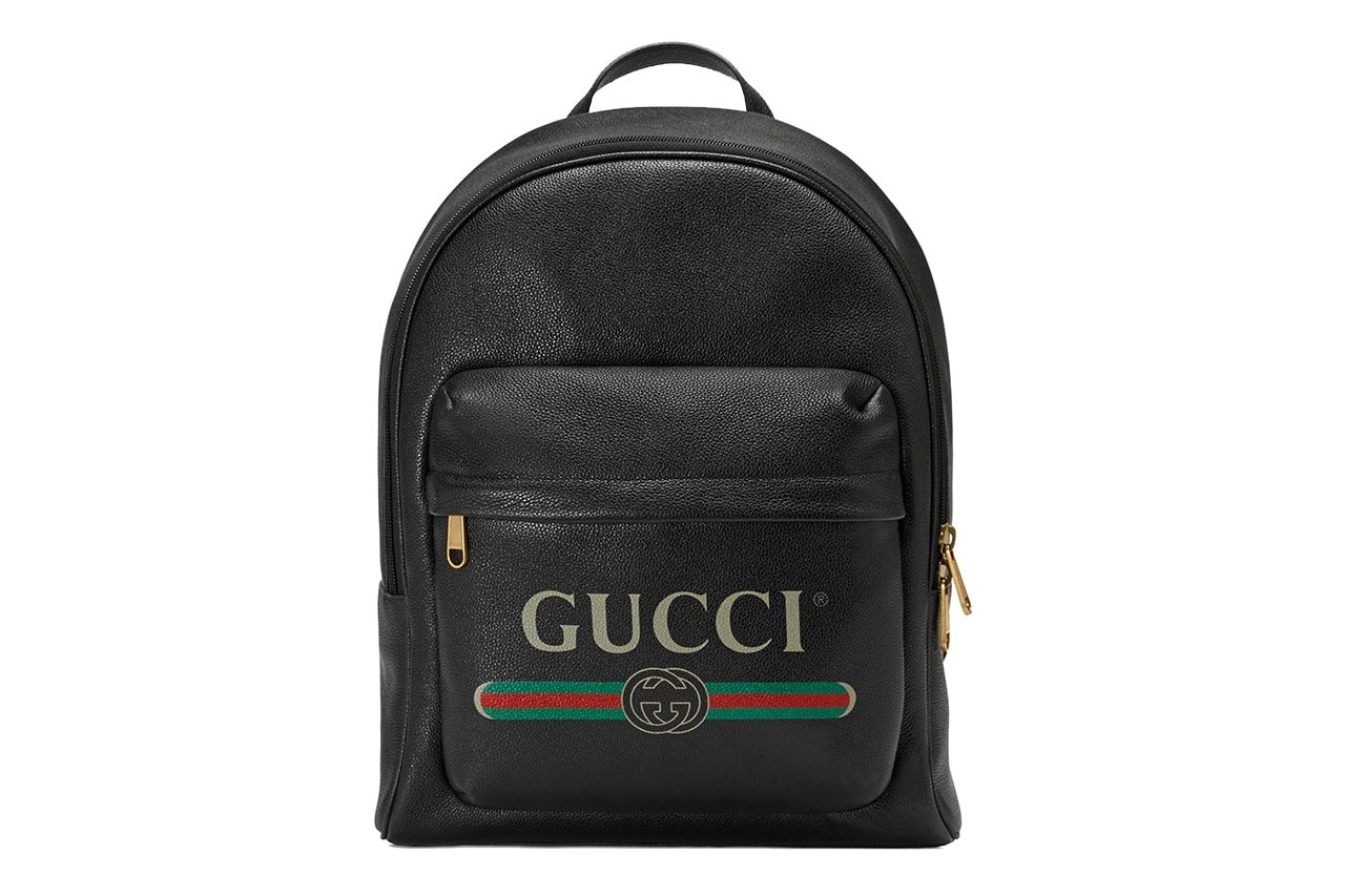 Gucci Vintage Logo Backpack Leather Bag Black Printed Red Green