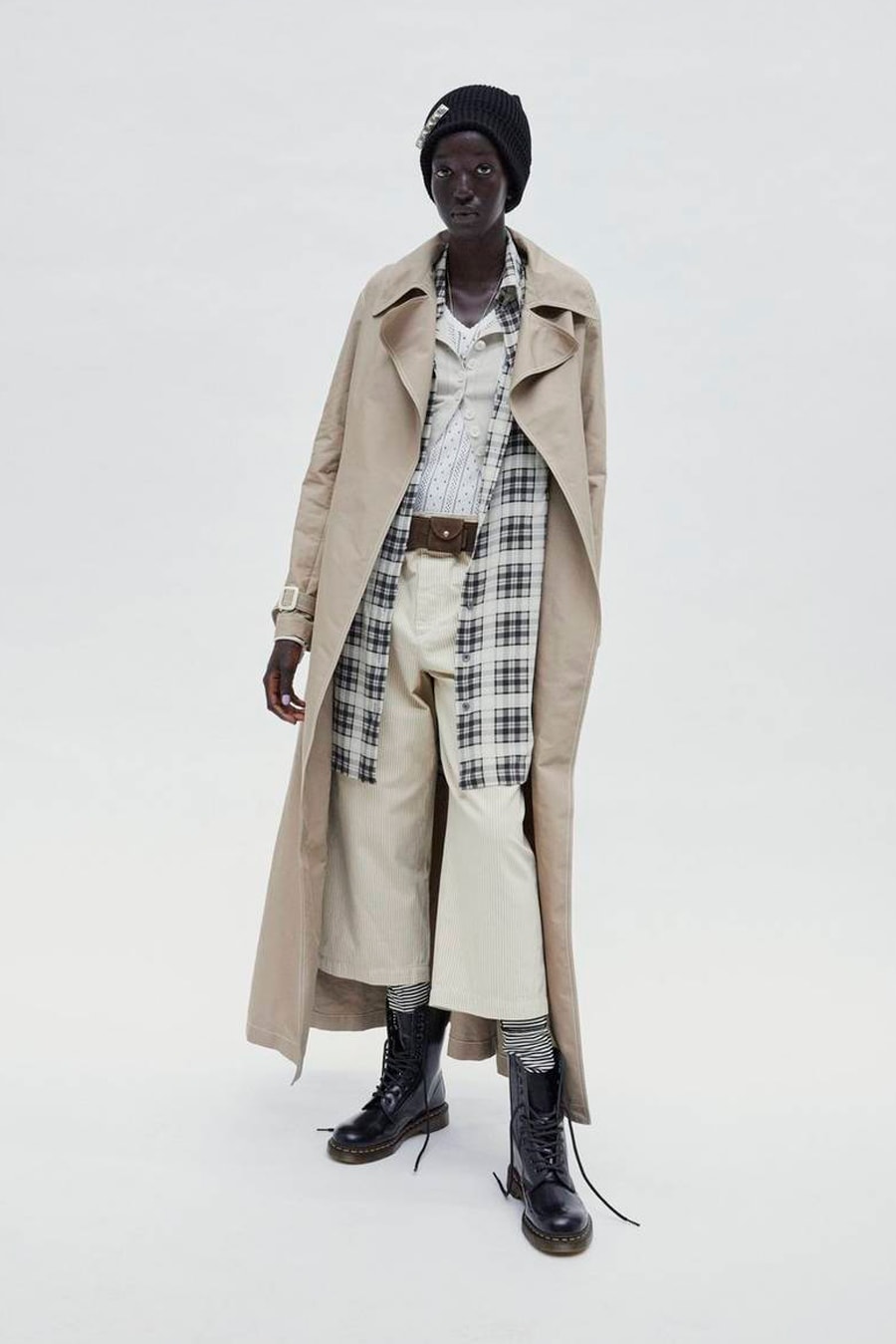Marc Jacobs Resort 2019 Redux Collection Trench Coat Crop Pant Tan Button Down White Dr. Martens 10-Eye Letter Boot Black
