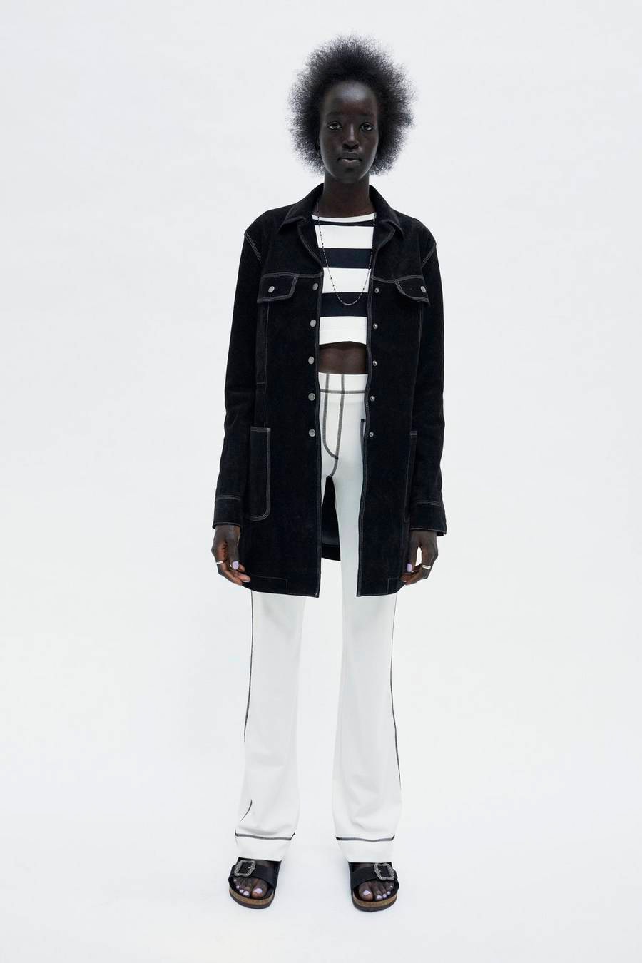 Marc Jacobs Resort 2019 Redux Collection Suede Overcoat Black Wide Striped Long-Sleeve Crop Top Patch Pocket Cotton Jersey Pant White