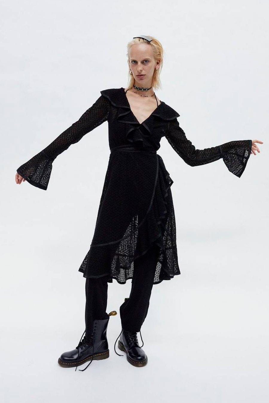 Marc Jacobs Resort 2019 Redux Collection Eyelet Ruffle Dress With Jumpsuit Dr. Martens 10-Eye Leather Boot Black