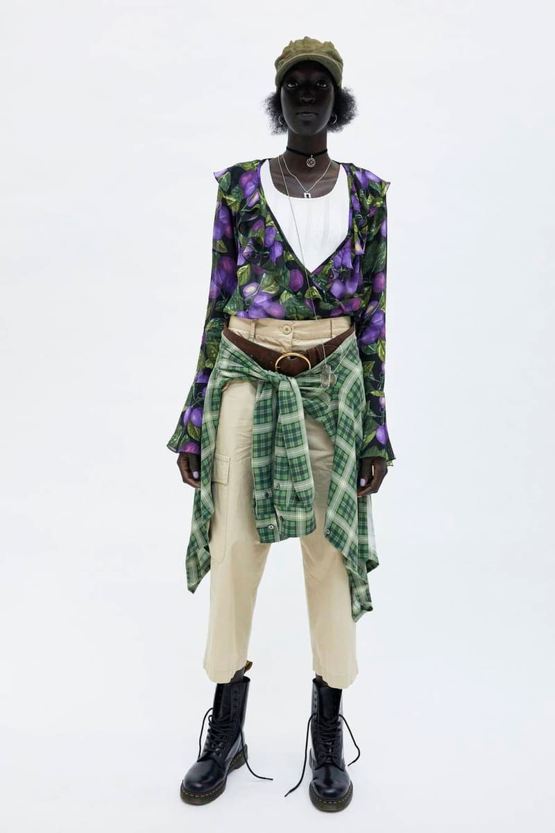 Marc Jacobs Resort 2019 Redux Collection Printed Deep V-Wrap Blouse Black Purple Wide-Leg Cargo Pant Tan