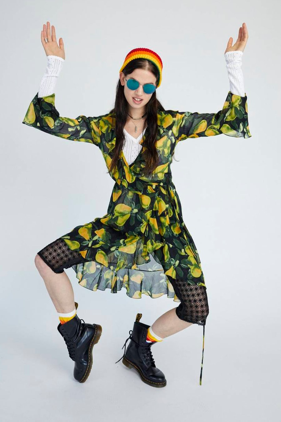 Marc Jacobs Resort 2019 Redux Collection Printed Bell Sleeve Wrap Dress Yellow Green