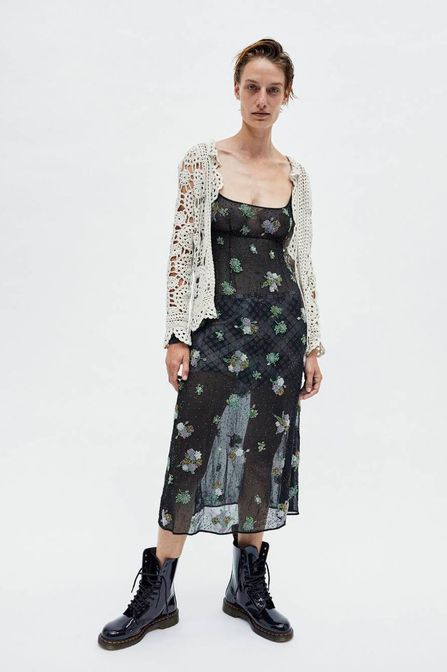 Marc Jacobs Resort 2019 Redux Collection Floral Embroidered Chiffon Dress Black Crochet Open Cardigan Tan