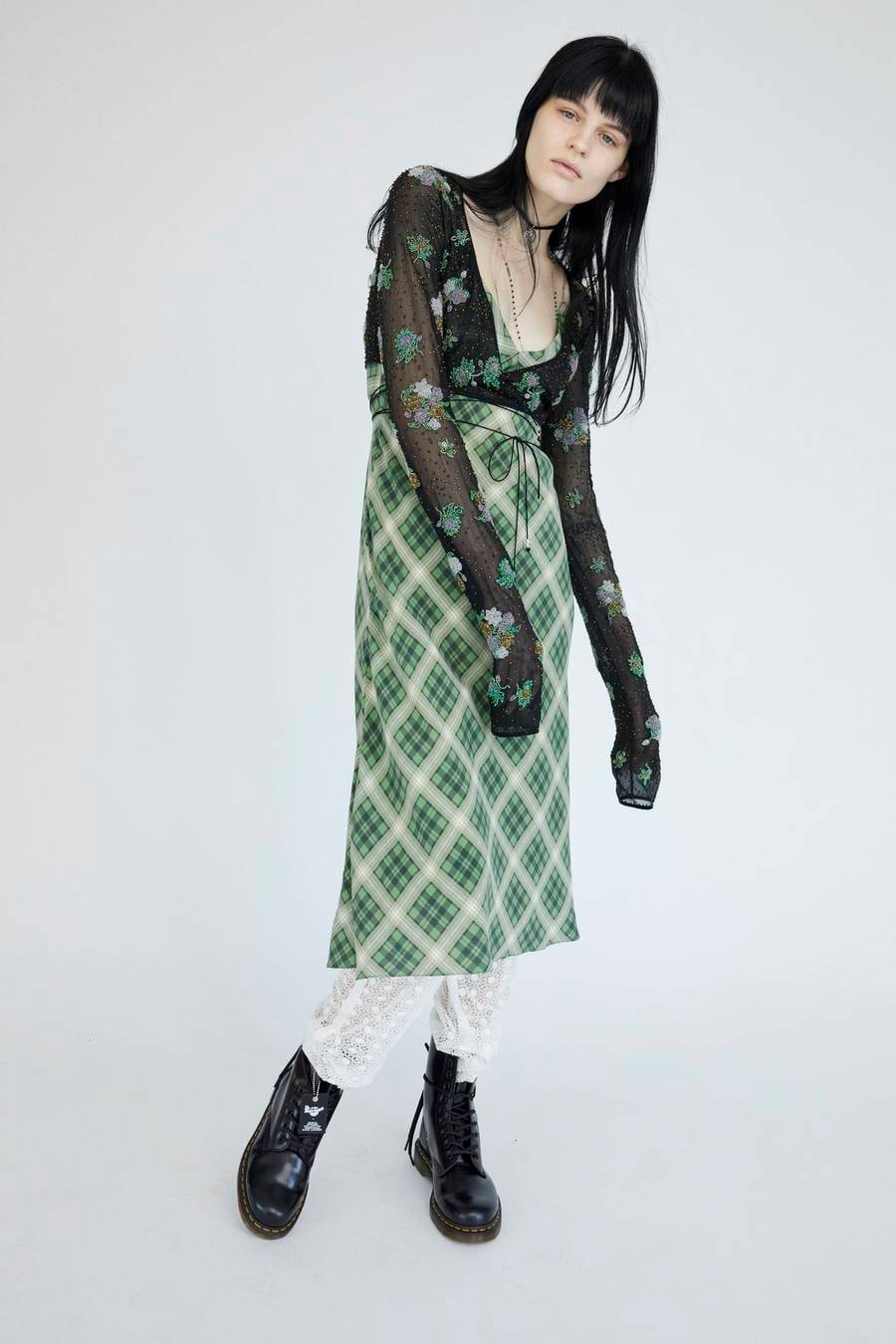 Marc Jacobs Resort 2019 Redux Collection Plaid Strap Midi Dress Green White Floral Embroidered Chiffon Crop Top Black