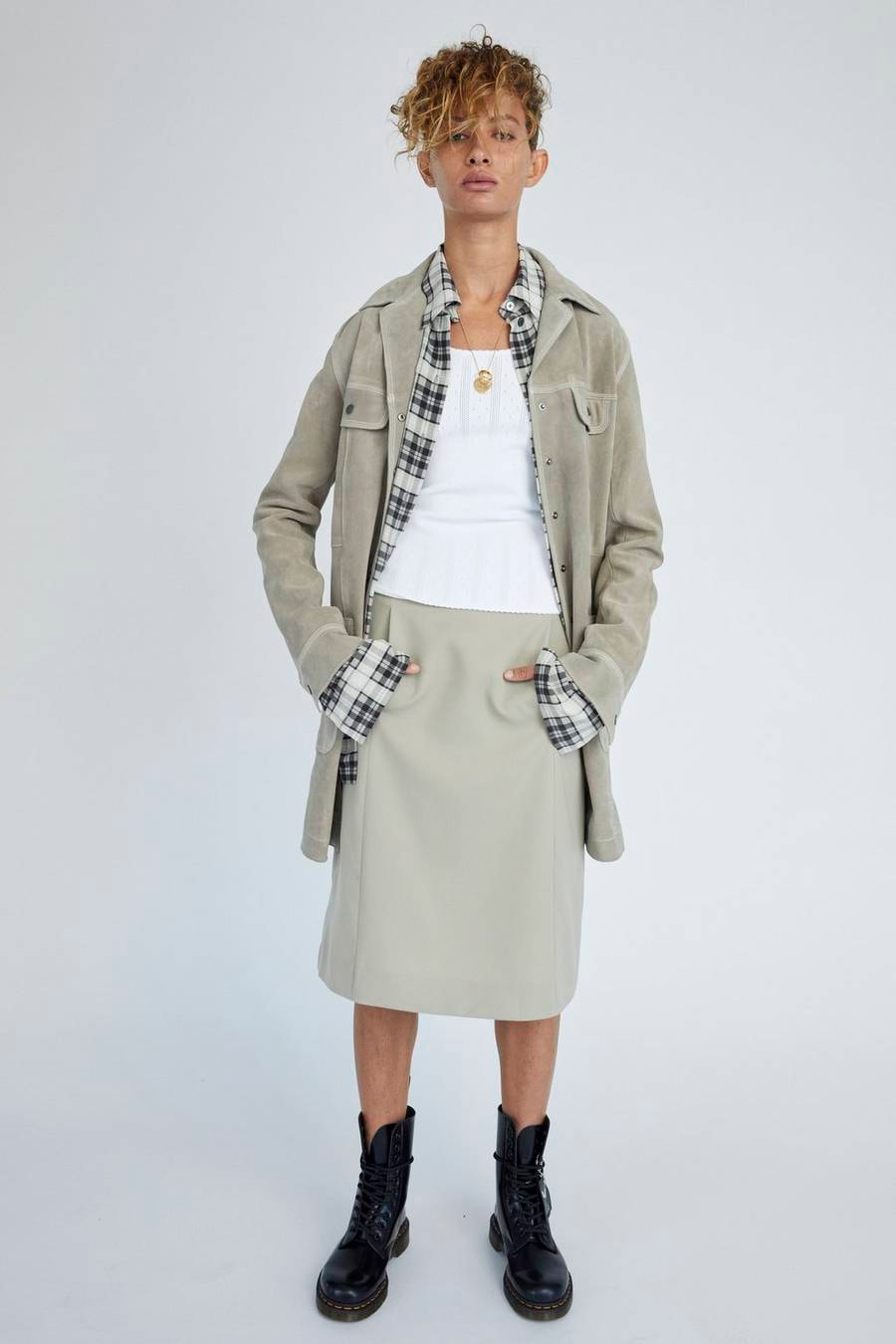 Marc Jacobs Resort 2019 Redux Collection Suede Overshirt A-Line Skirt Tan Pointelle Tank Top White Dr. Martens 10-Eye Leather Boot Black