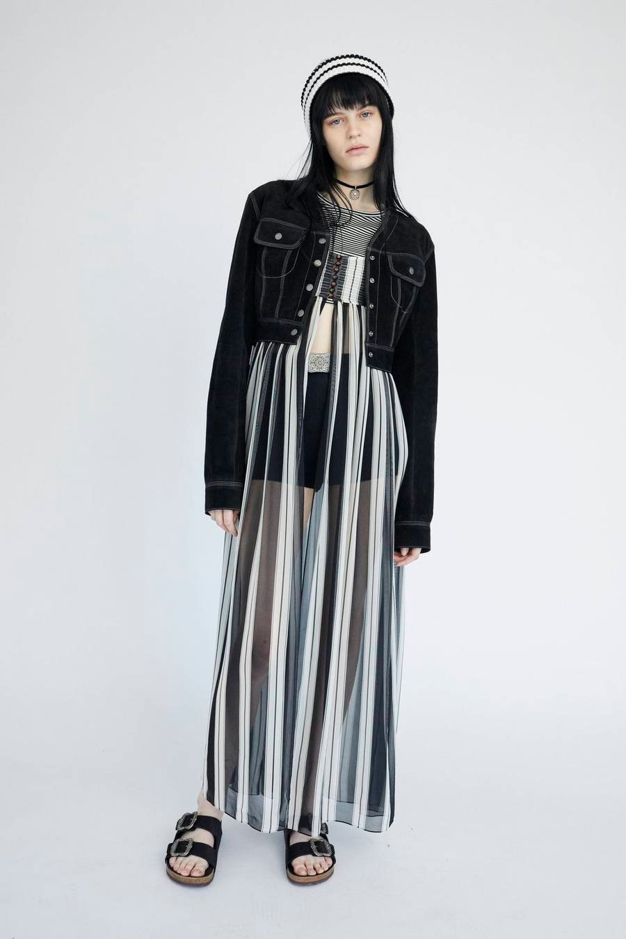 Marc Jacobs Resort 2019 Redux Collection Suede Cropped Jacket Striped Empire-Waist Chiffon Dress Stretch Pointelle Boy Short Black