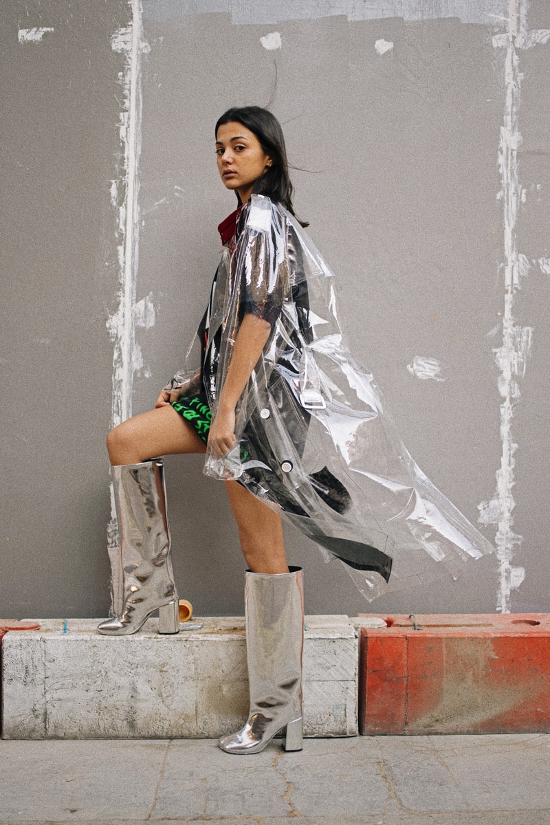 MACHINE-A MM6 Maison Margiela Fall Winter 2018 Editorial Transparent Raincoat Clear Knee High Boots Silver