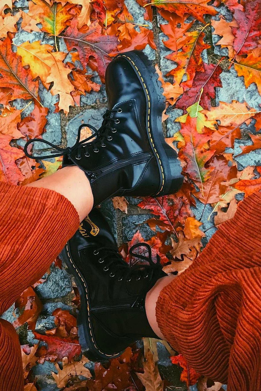 Dr. Martens Jadon Boots Black Leather Platform Fall Leaves Autumn