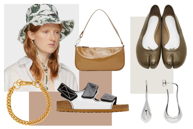 SSENSE Maison Margiela Tabi Flats Green Birkenstock Proenza Schouler Sandal Black White Lemaire Silver Earrings Jacquemus Bucket Hat Gold Chain Necklace By Far Rachel Bag Beige