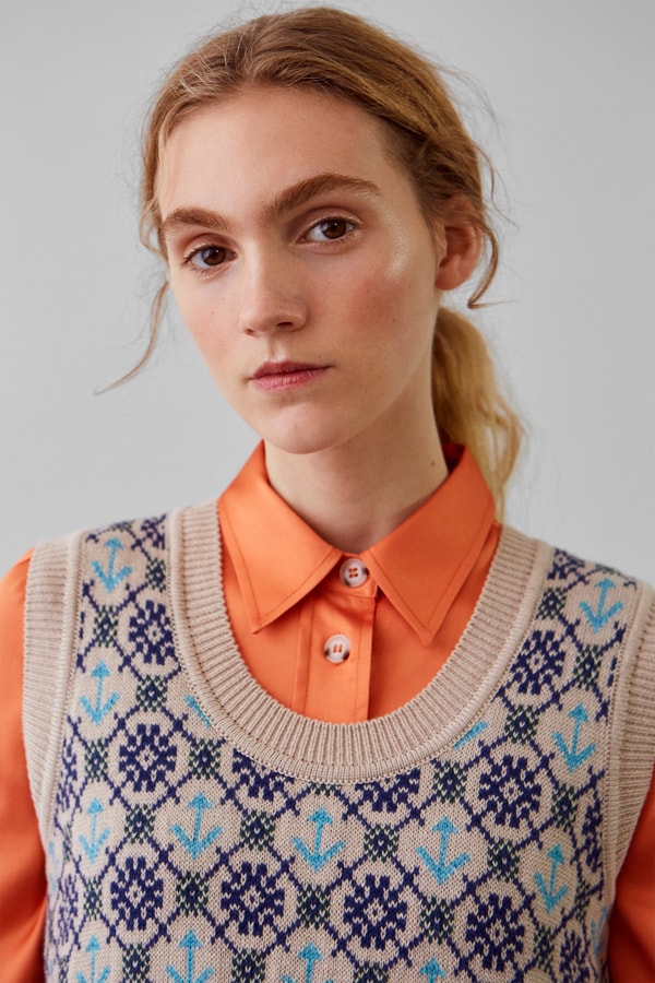 Wood Wood Spring Summer 2019 Lookbook Knit Vest Tan Blue Silk Shirt Peach
