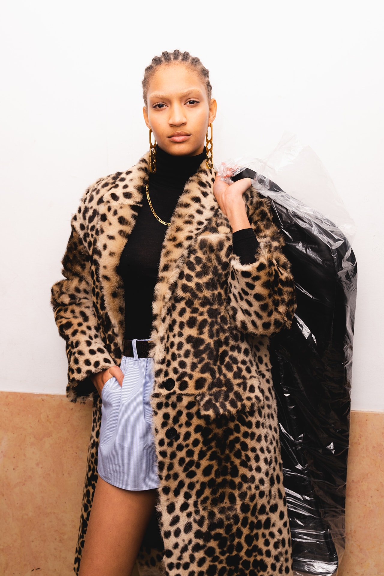 Alexander Wang December 2018 Runway Show Backstage Model Leopard Fur Coat