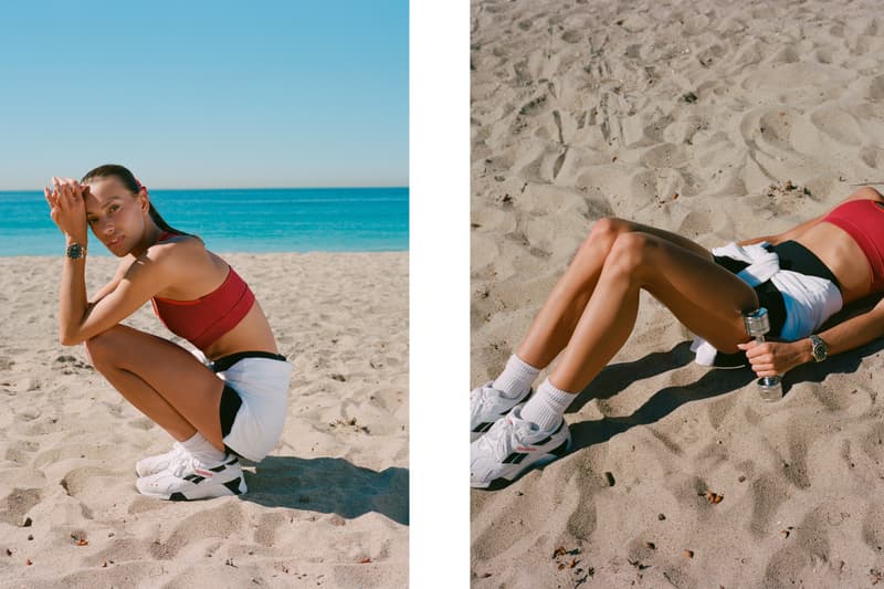 Bandier Campaign Emily Oberg Bra Red Shorts Black Reebok Aztrek White Black