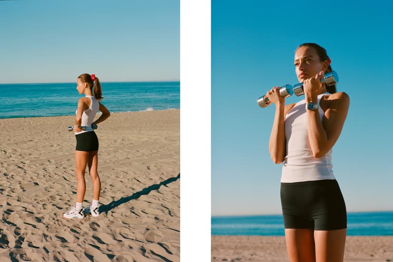 Bandier Campaign Emily Oberg Top White Shorts Black Reebok Sneakers