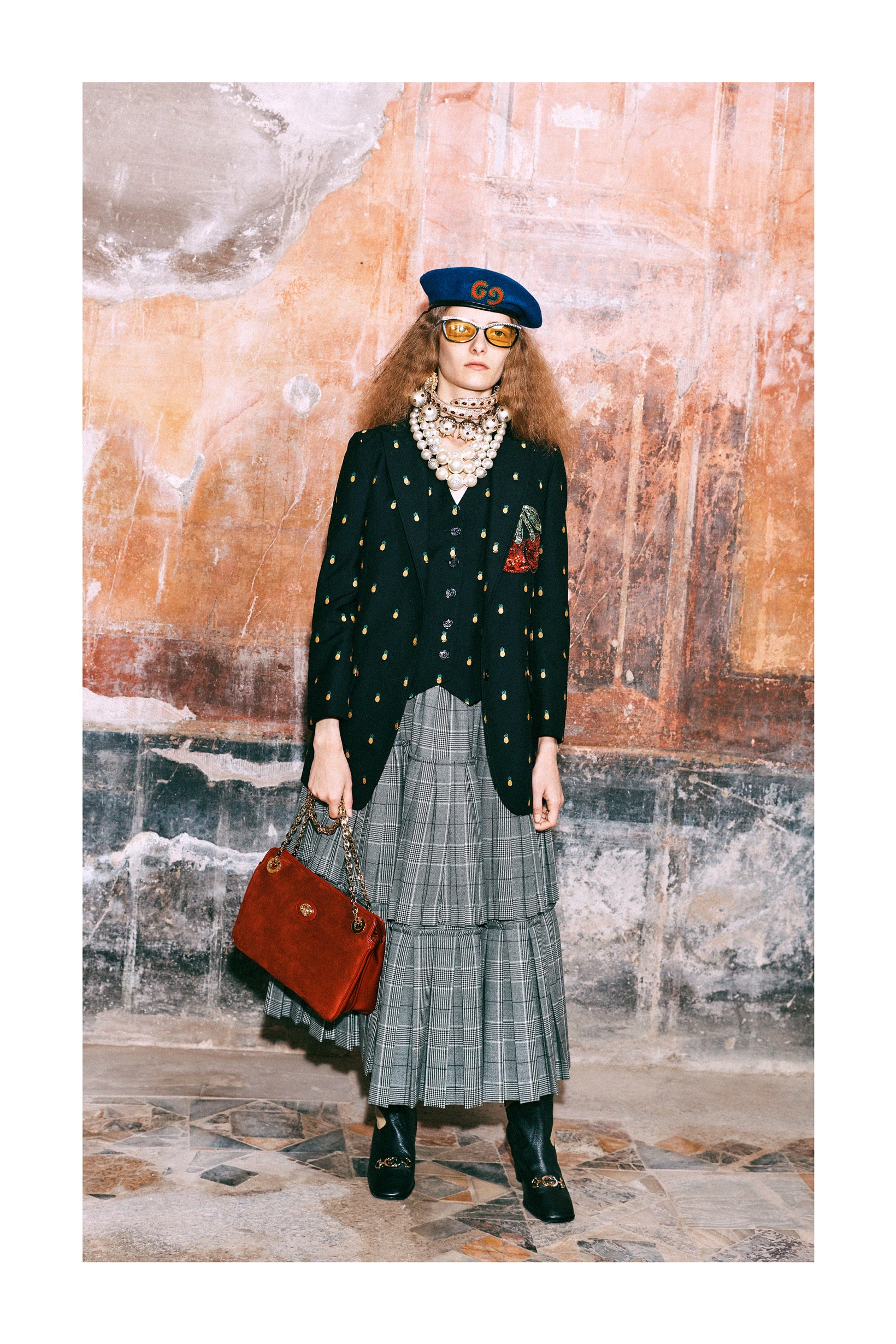 Gucci Pre-Fall 2019 Collection Lookbook Logo Blazer Top Shoes Black Skirt Grey White Bag Red