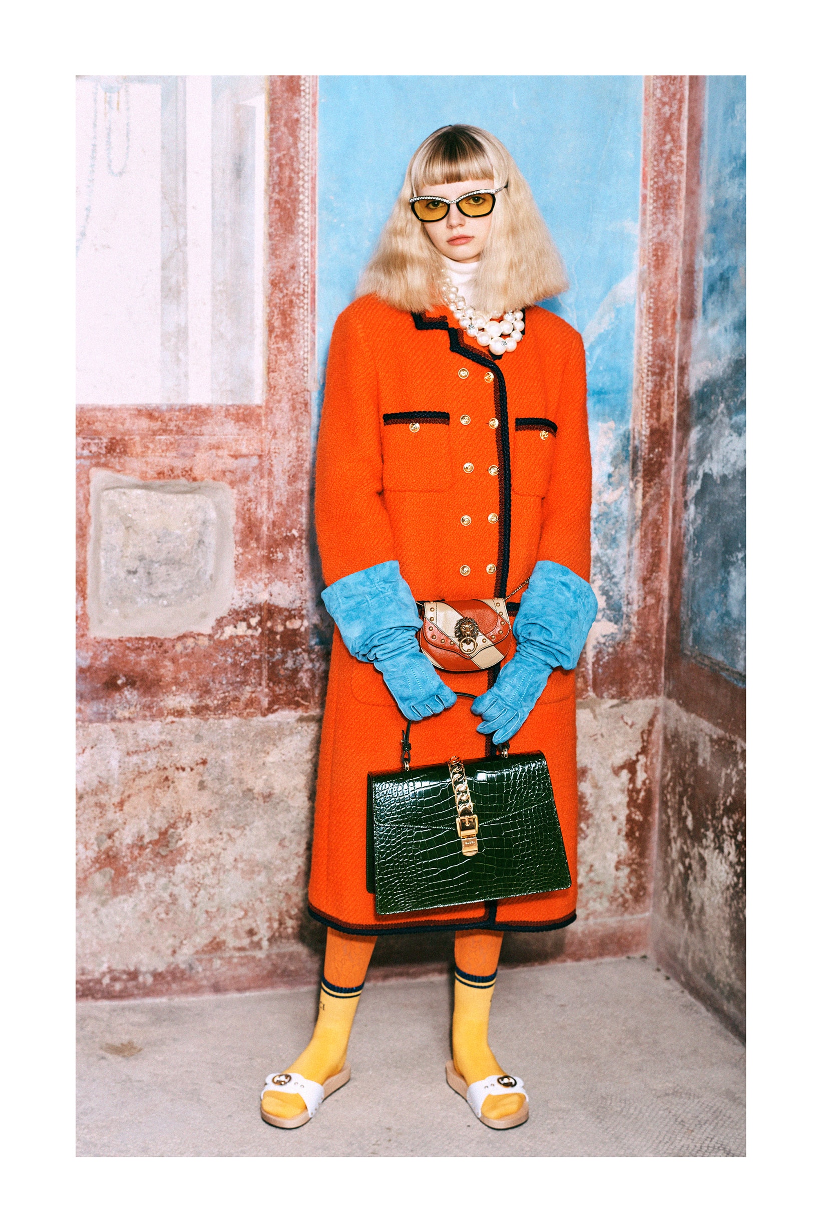 Gucci Pre-Fall 2019 Collection Lookbook Long Coat Orange Navy Socks Yellow