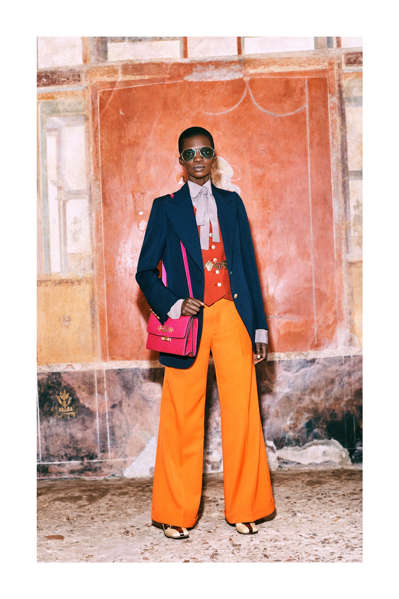 Gucci Pre-Fall 2019 Collection Lookbook Pants Orange Jacket Blue Bag Red